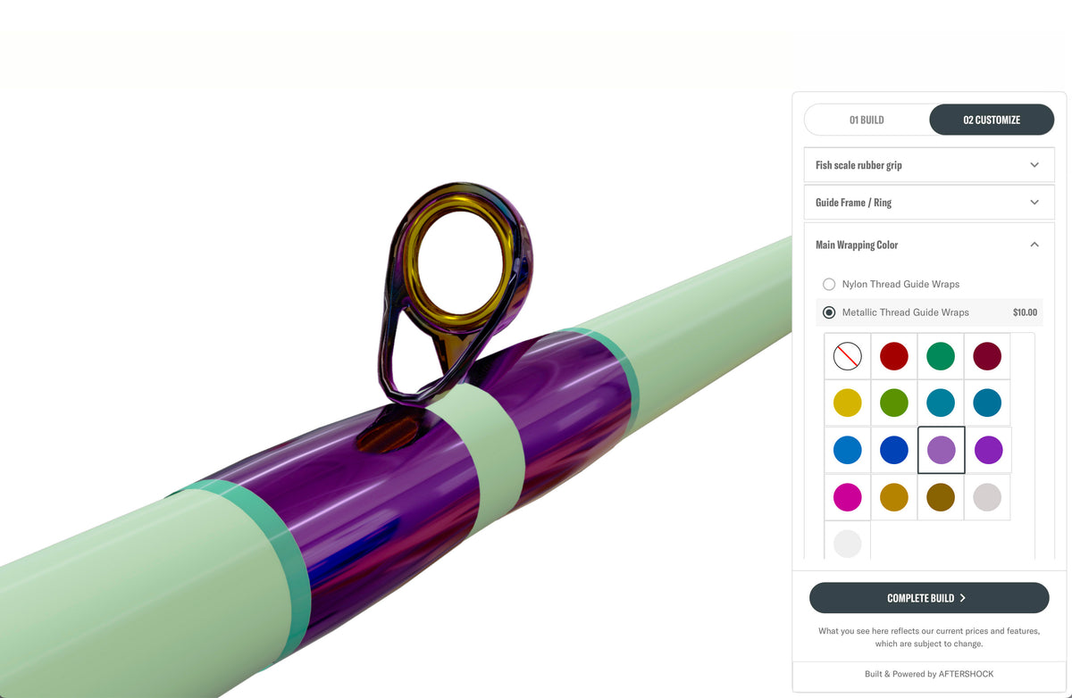 The Kistler 3-D rod builder, showing a rod blank with custom thread wraps and the colour picker panel